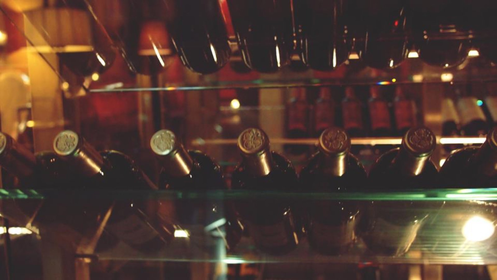Botellas en la cava iluminadas con luz cálida
